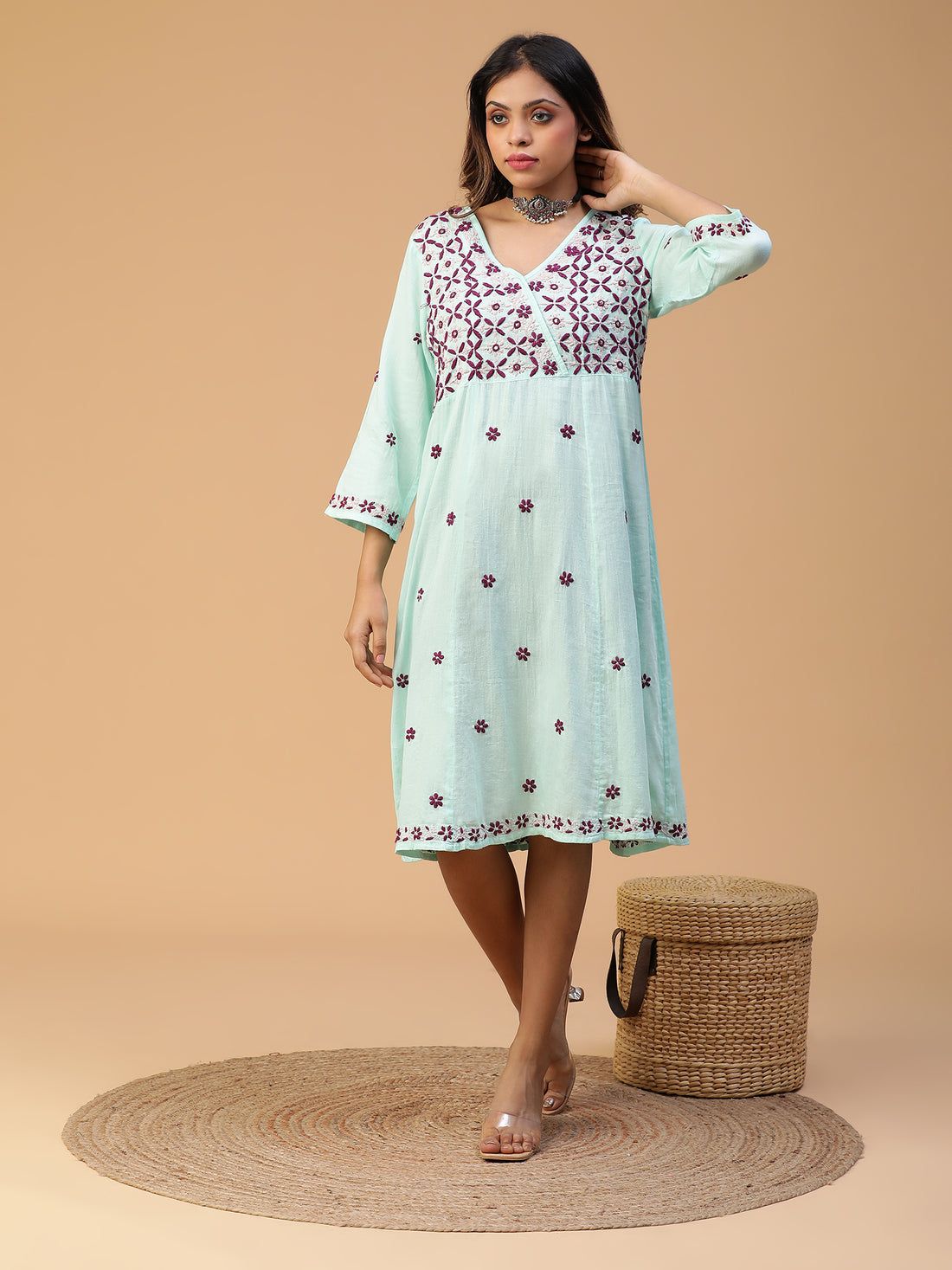 CHIKANKARI COTTON ANGARAKHA NECK DRESS