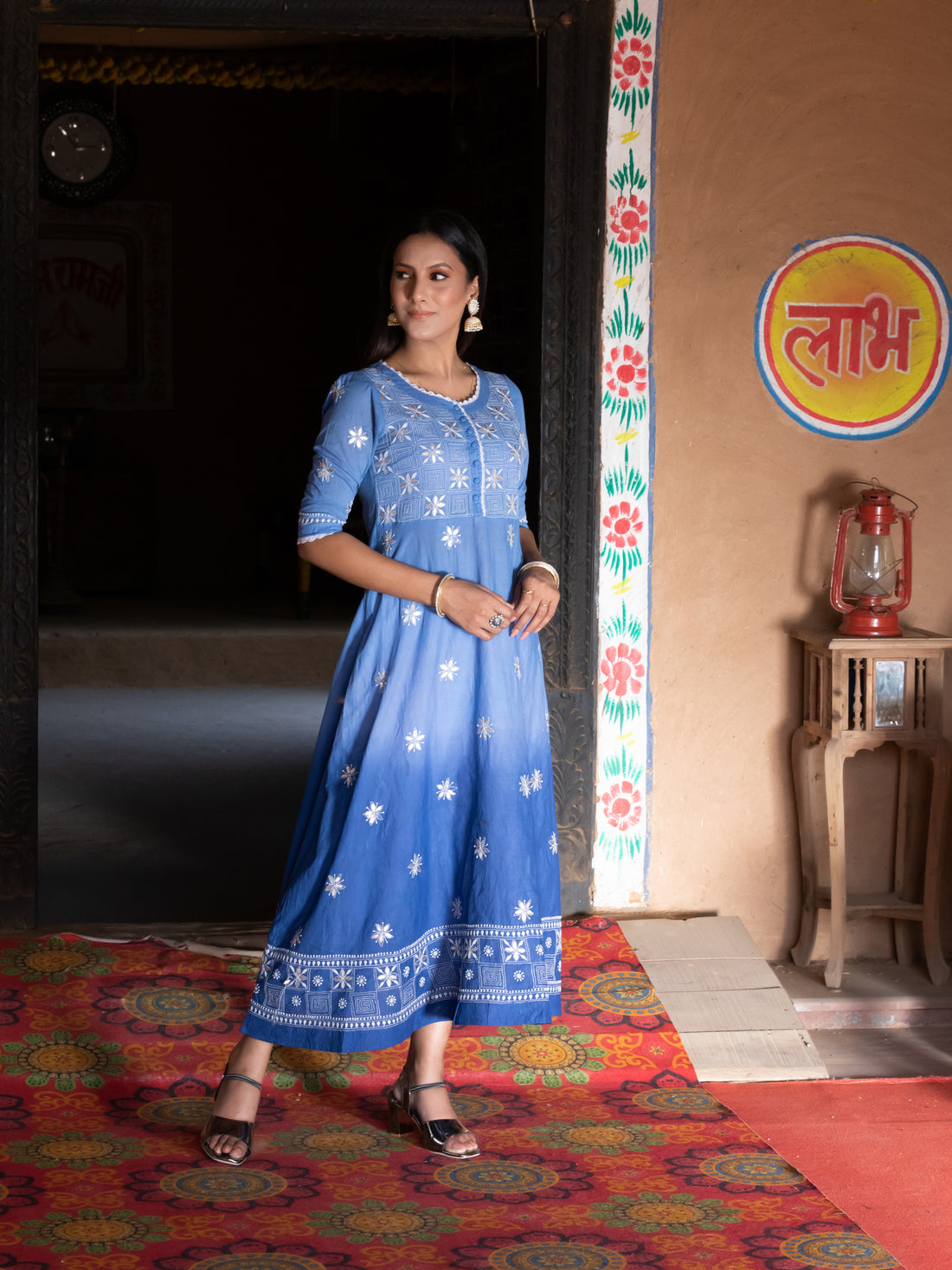 Chikankari Cotton Ombre Blue Color A-Line Kurta With Gota Patti Work