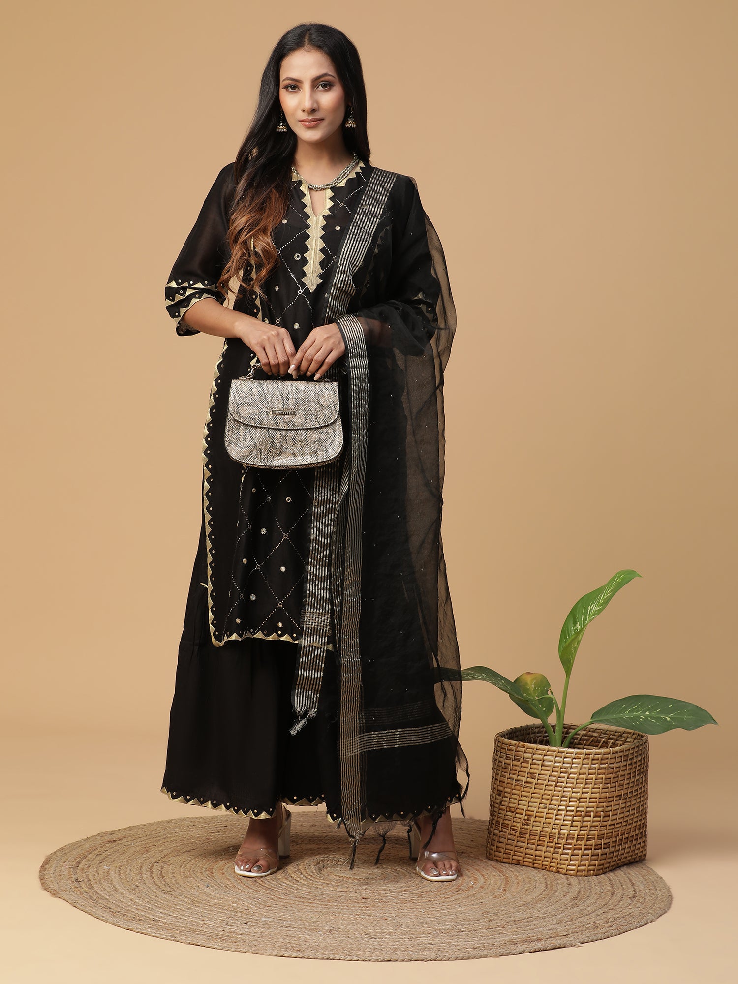 Chanderi black sharara set with mirror work