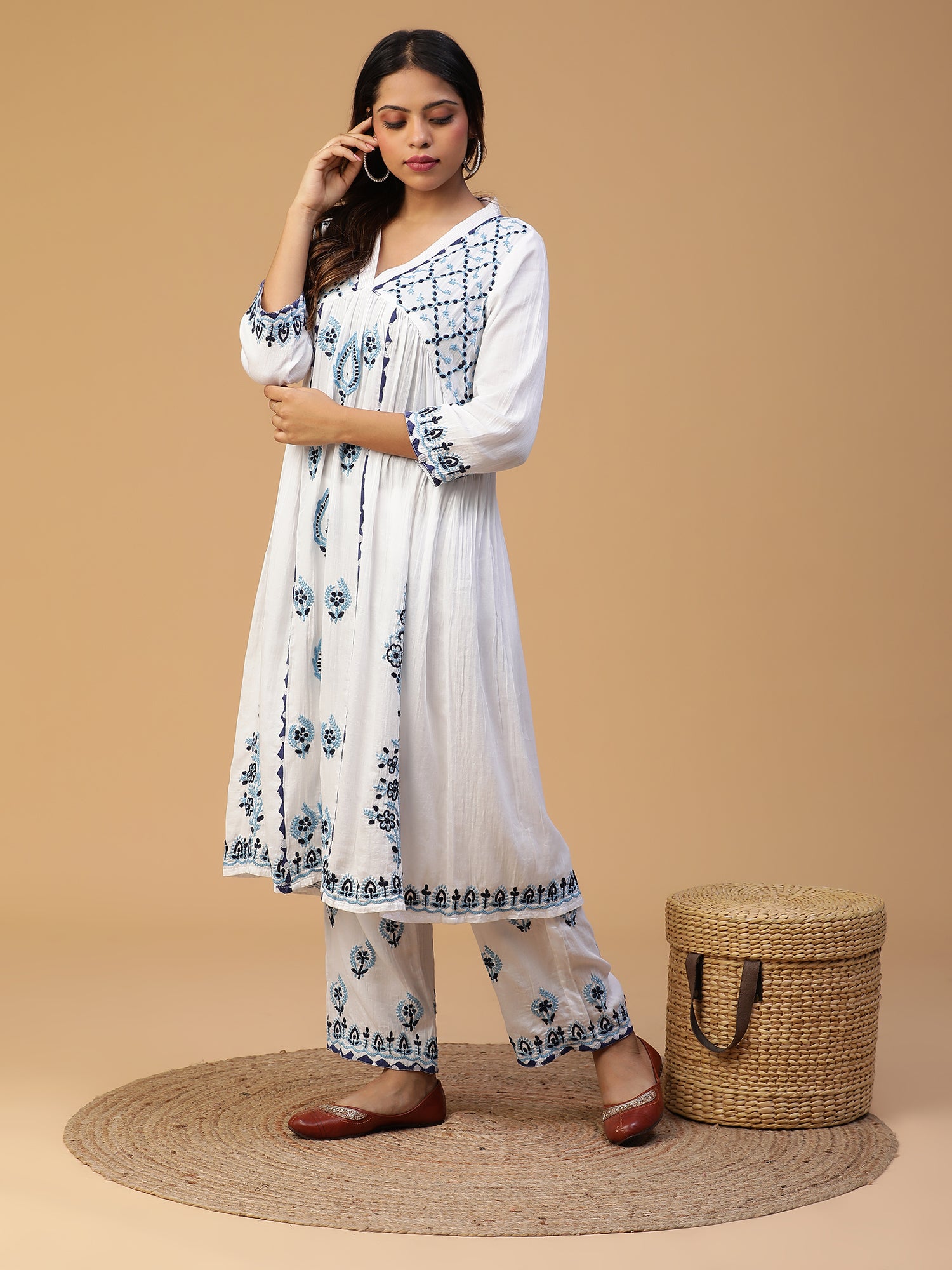 Indigo Chikankari V-neck gathered kurta set with Applique work