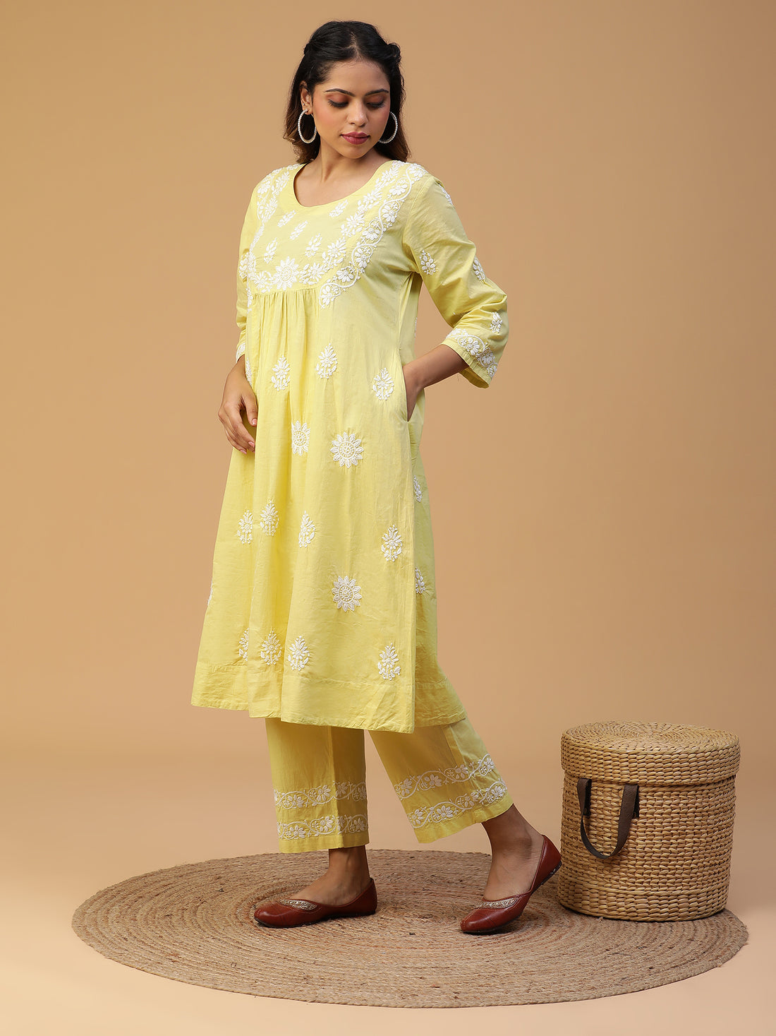 CHIKANKARI ROUND NECK YOKE GATHERED KURTA SET