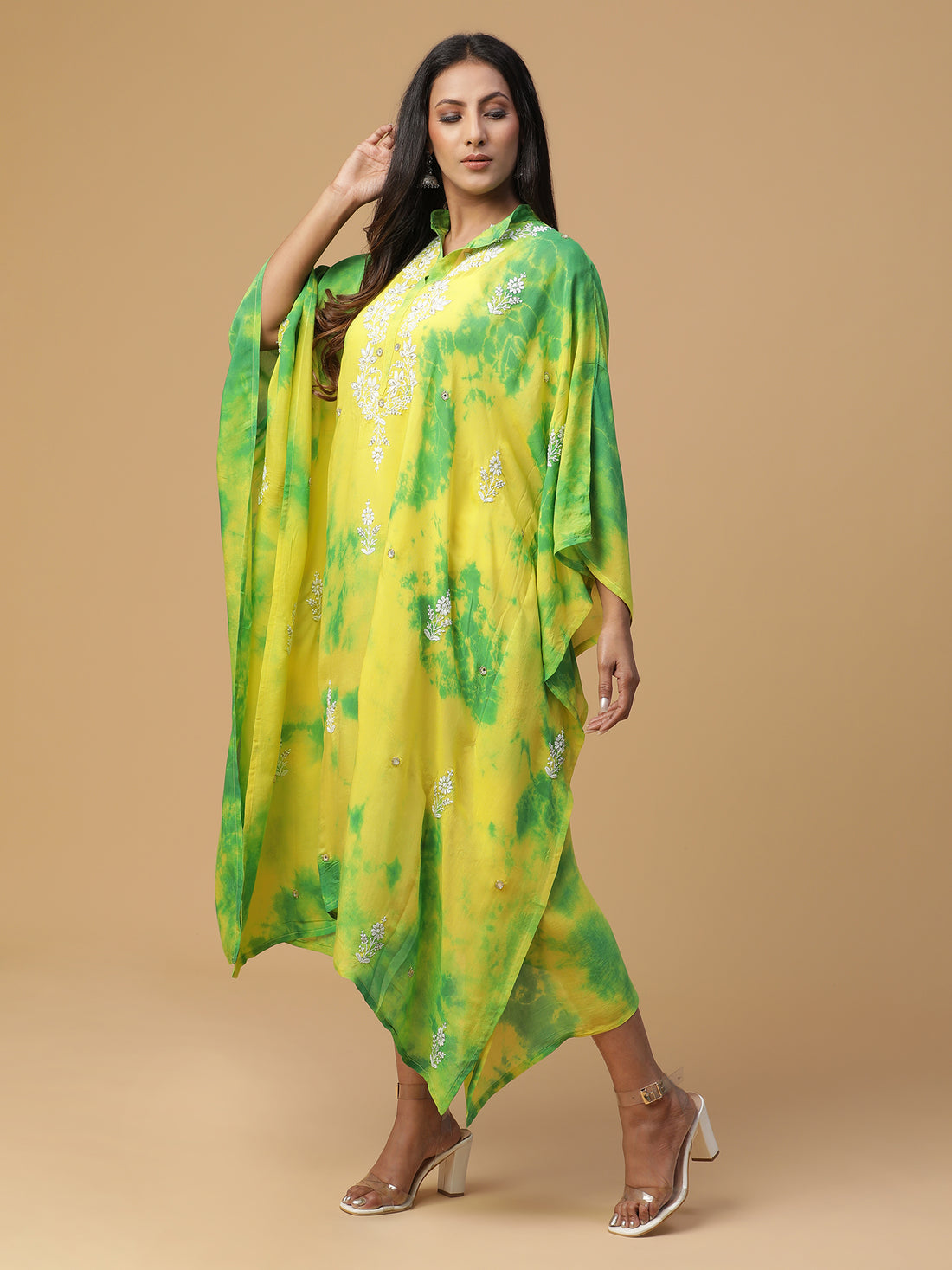 Muslin yellow & green shibori kaftan with Chikankari work