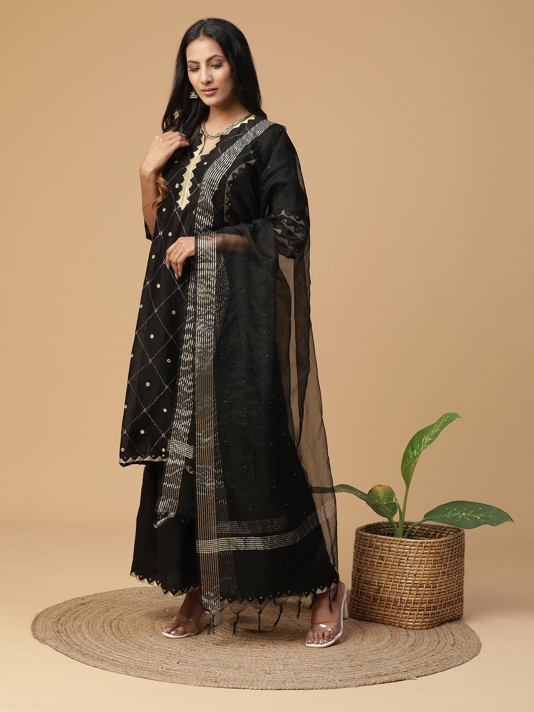 Chanderi black sharara set with mirror work