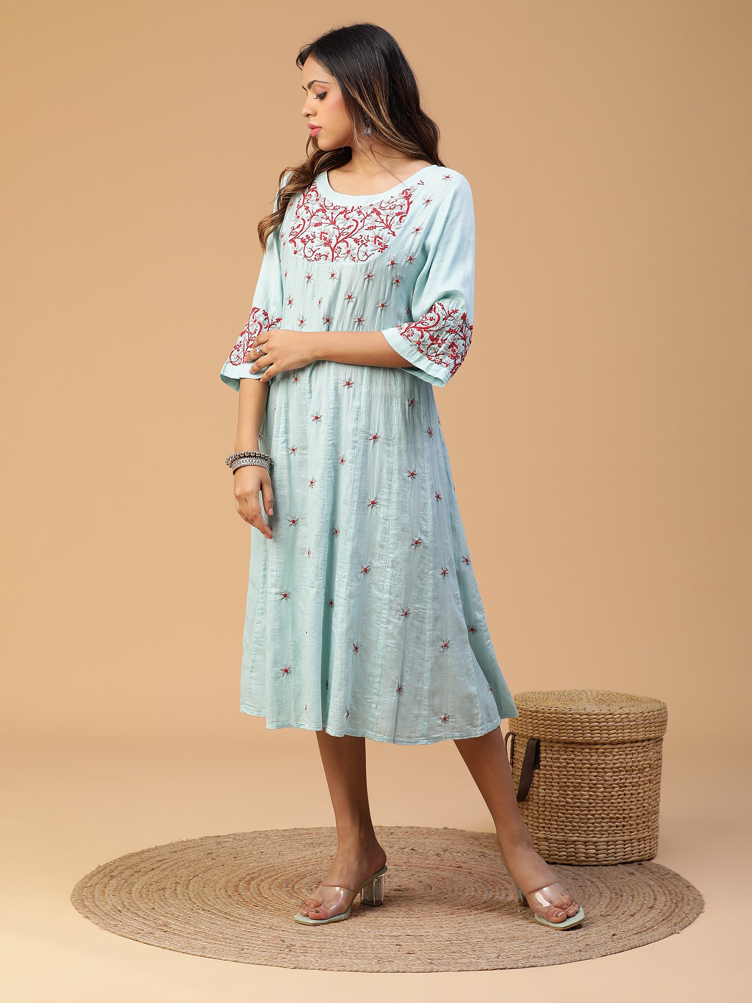 CHIKANKARI KALI FROCK  WITH EMBROIDERED YOKE