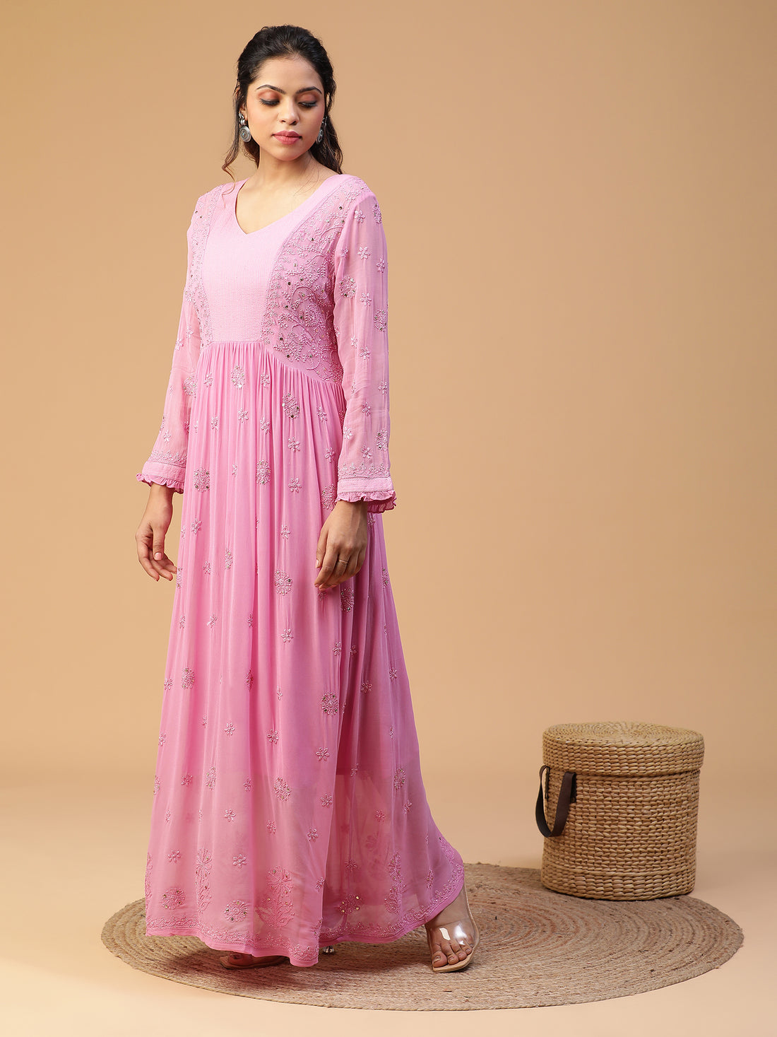 Chikankari viscose georgette yoke dress with mukaish work