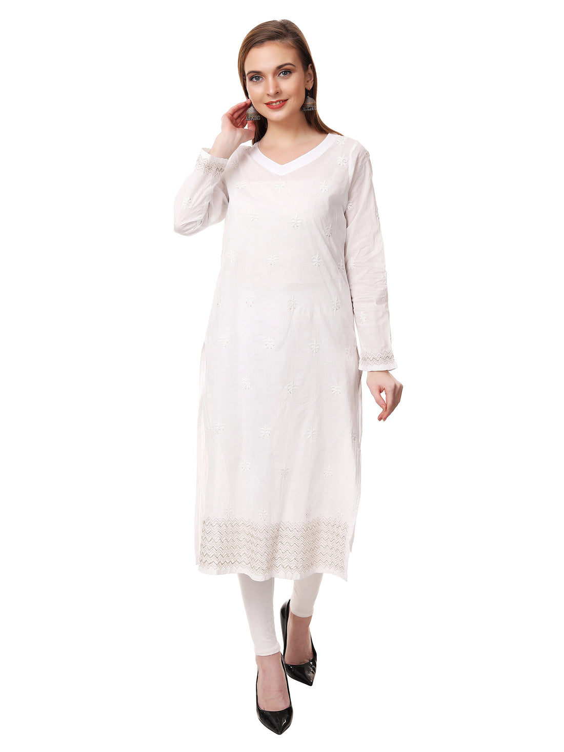 Chikankari cotton straight white color kurta with sequence embroidery on the hem.