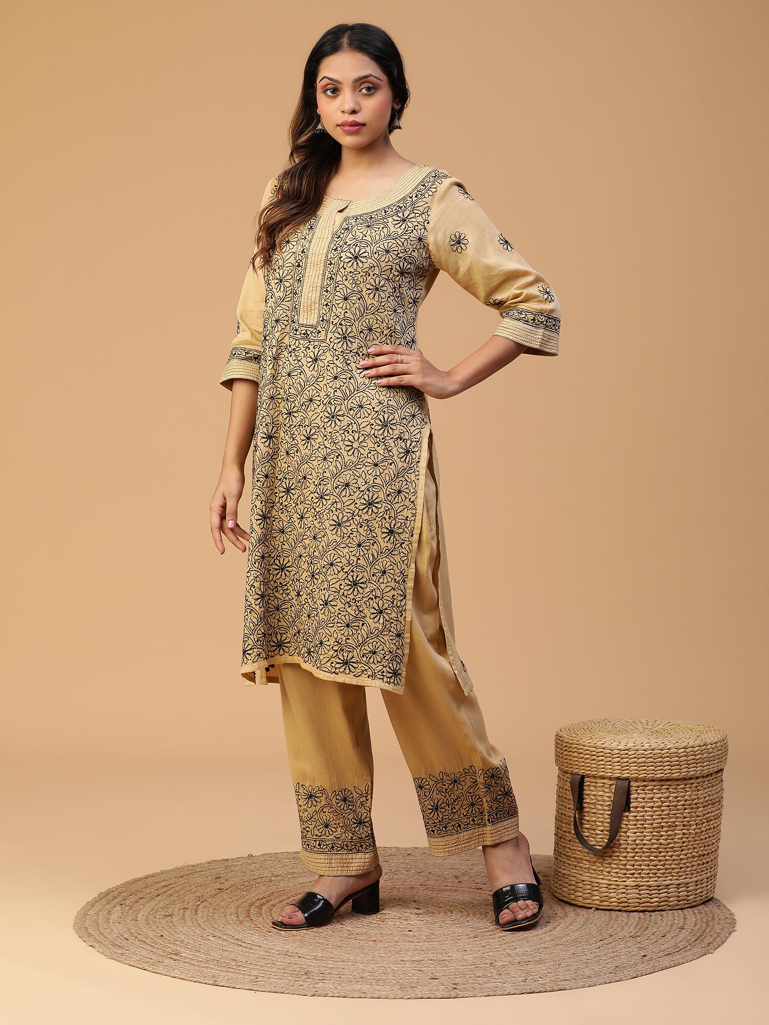 Beige Chikankari Cotton Kurta With Black Thread Detailing Set