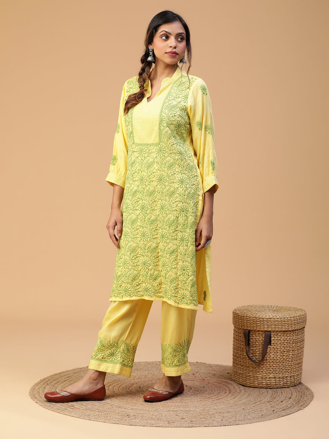 Lime Green Mandarin Collar Straight Kurta