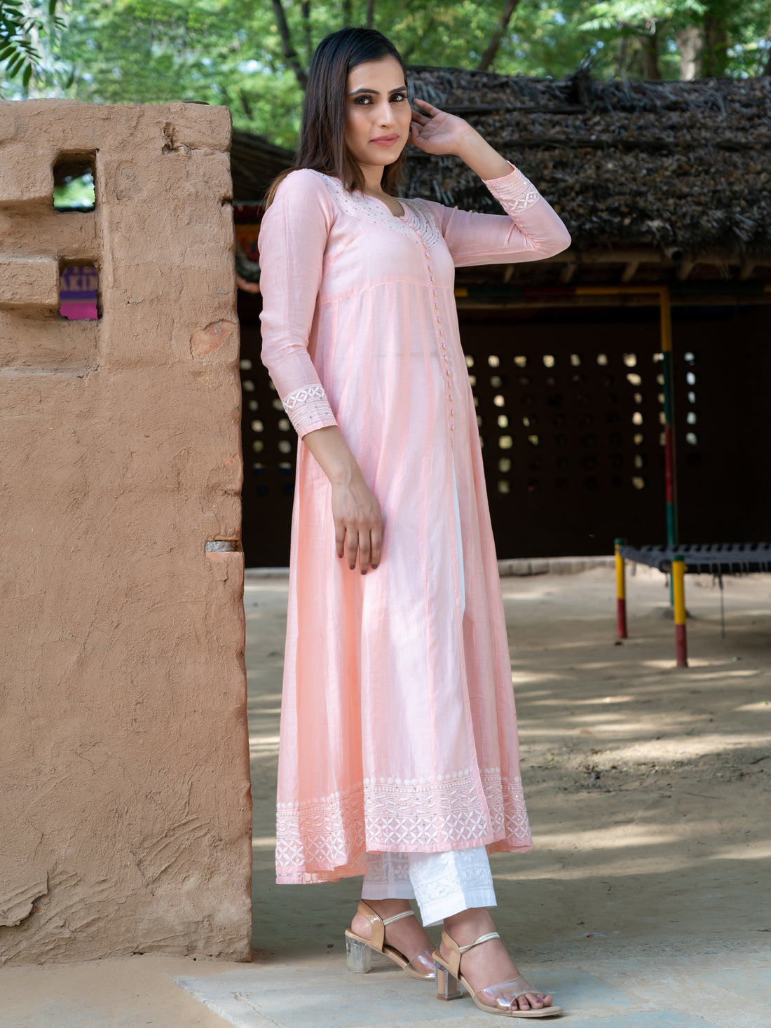 Chikankari Chanderi front slit open kali kurta