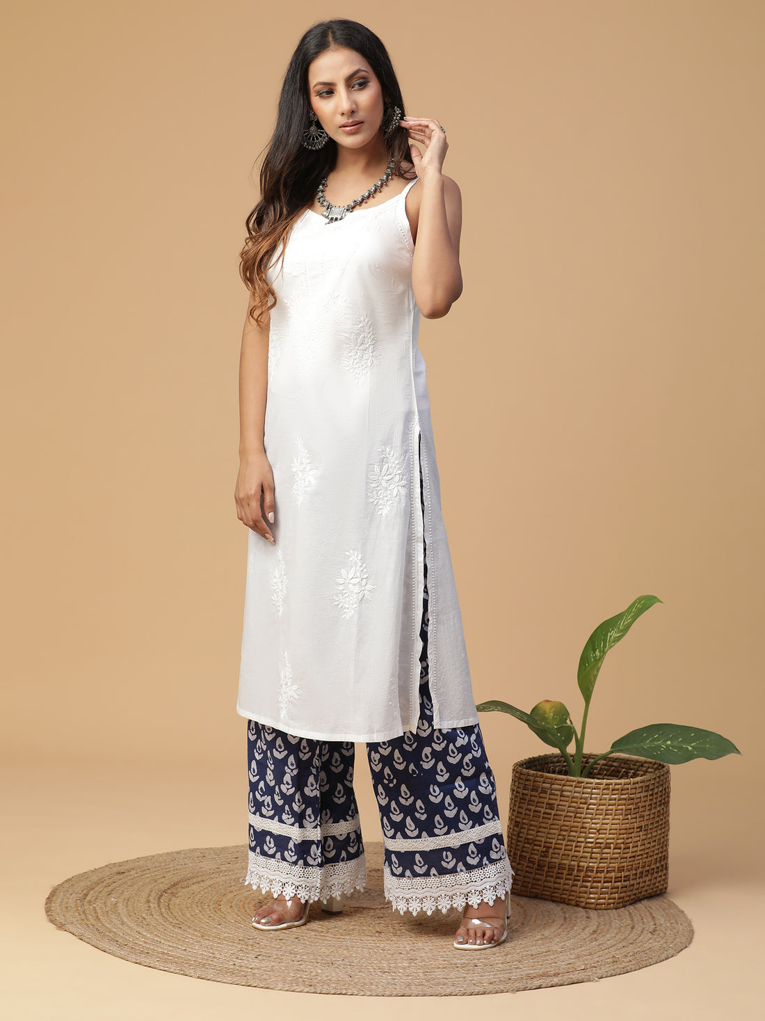 Indigo Cotton Hand Blocked Printed Palazzo with Lace Detailing