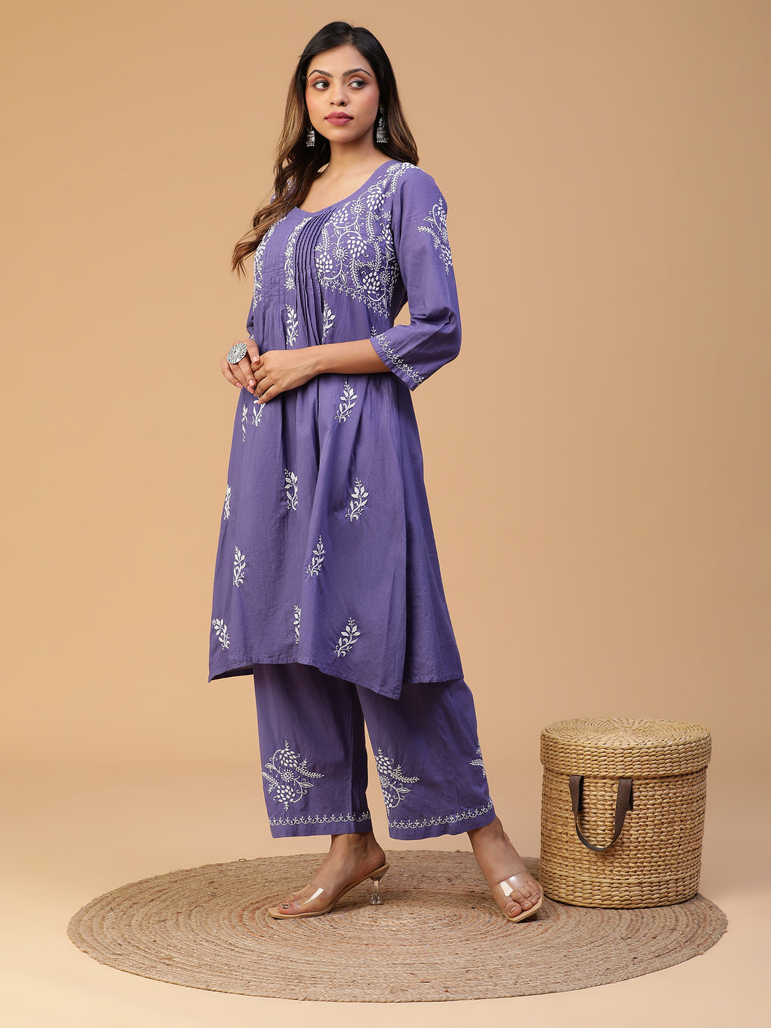 CHIKANKARI COTTON A-LINE PLEATED YOKE KURTA SET