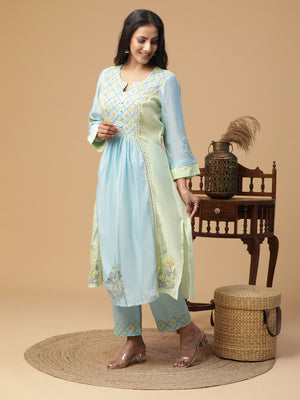 Semal Hand Embroidered Chanderi Pastle Blue Lucknowi Chikankari Kurta Set