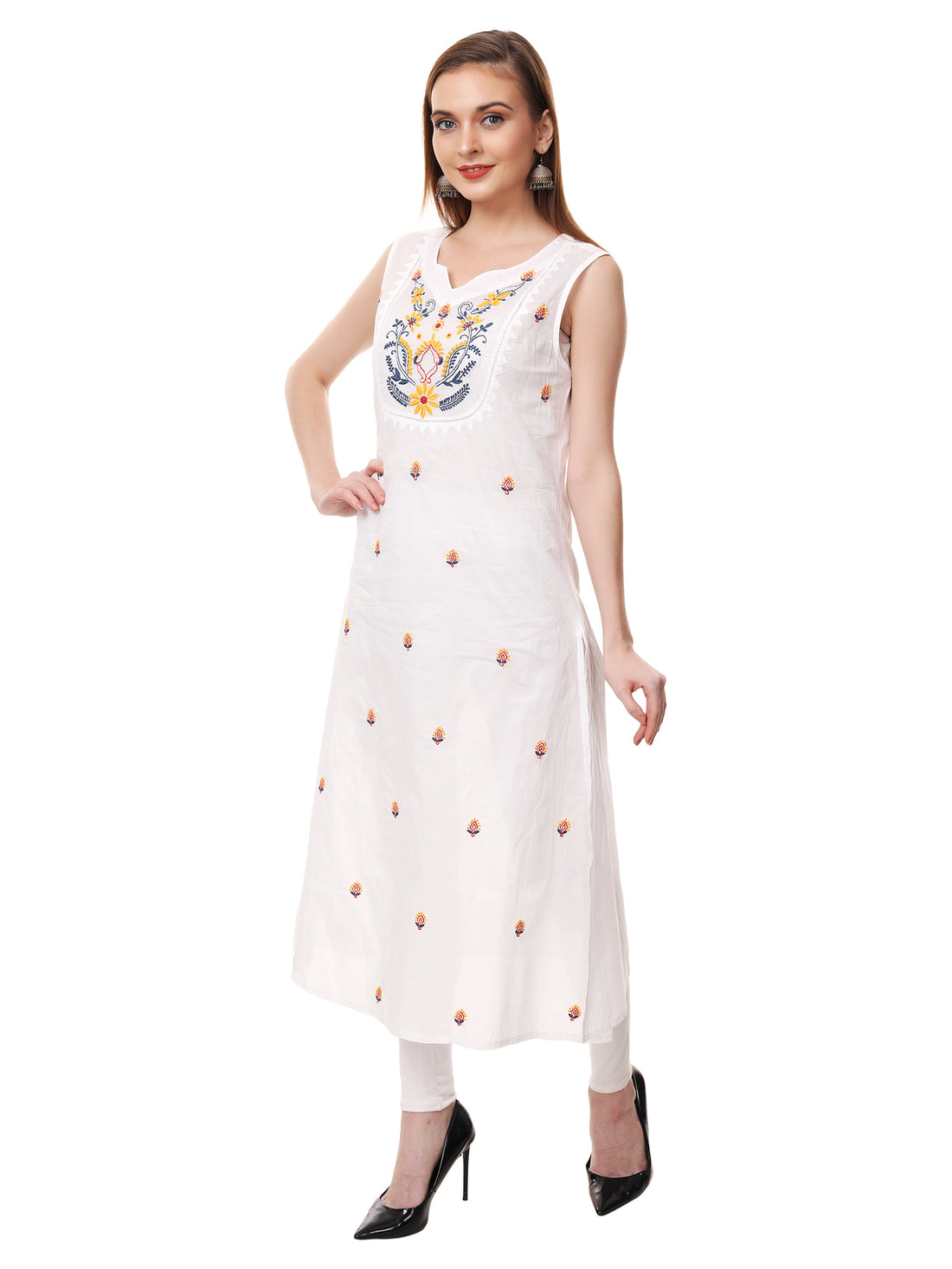 Chikankari cotton white A-line yoke kurta