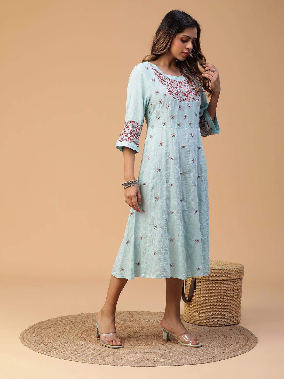 CHIKANKARI KALI FROCK  WITH EMBROIDERED YOKE