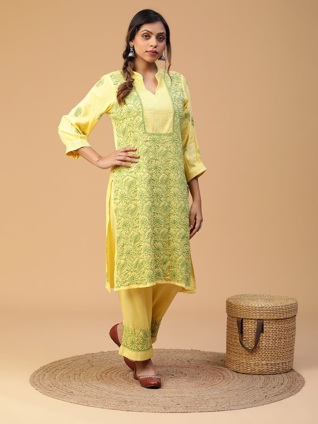 Lime Green Mandarin Collar Straight Kurta