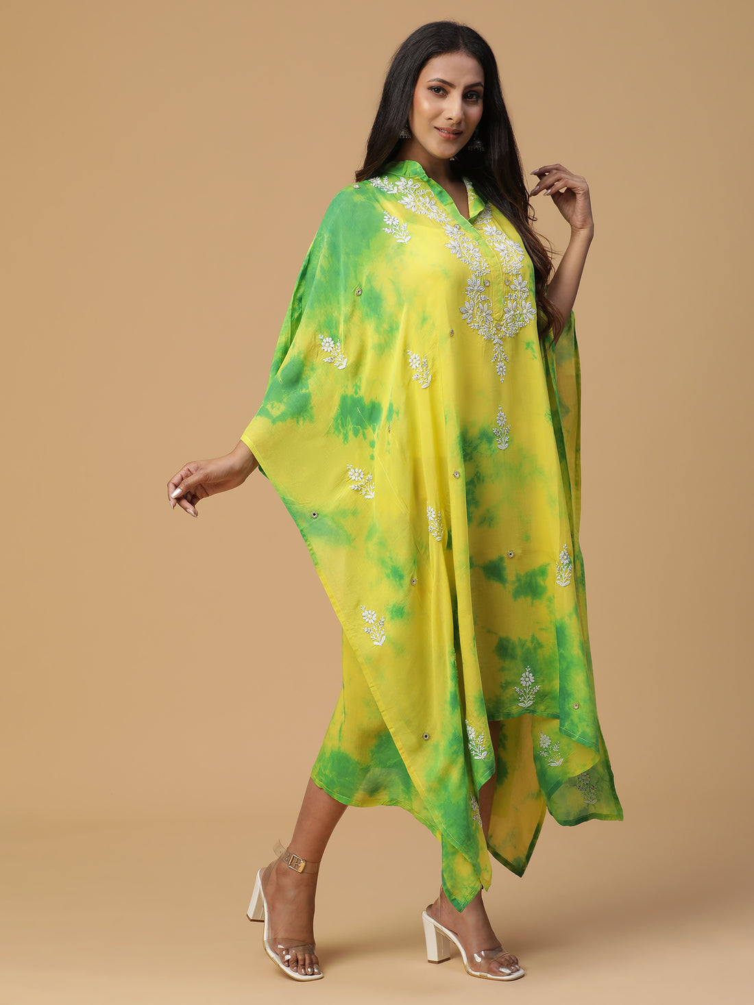 Muslin yellow & green shibori kaftan with Chikankari work