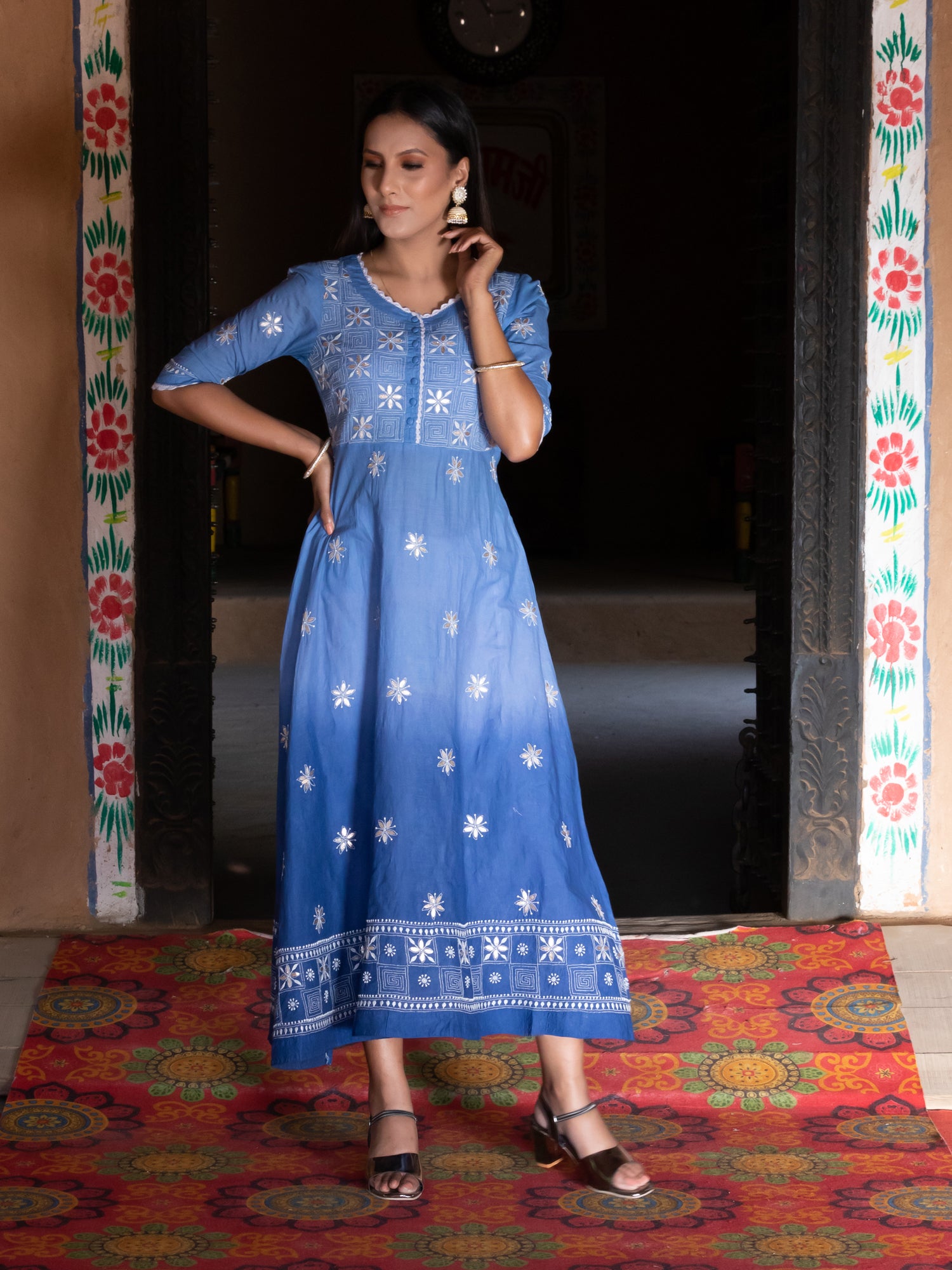 Chikankari Cotton Ombre Blue Color A-Line Kurta With Gota Patti Work