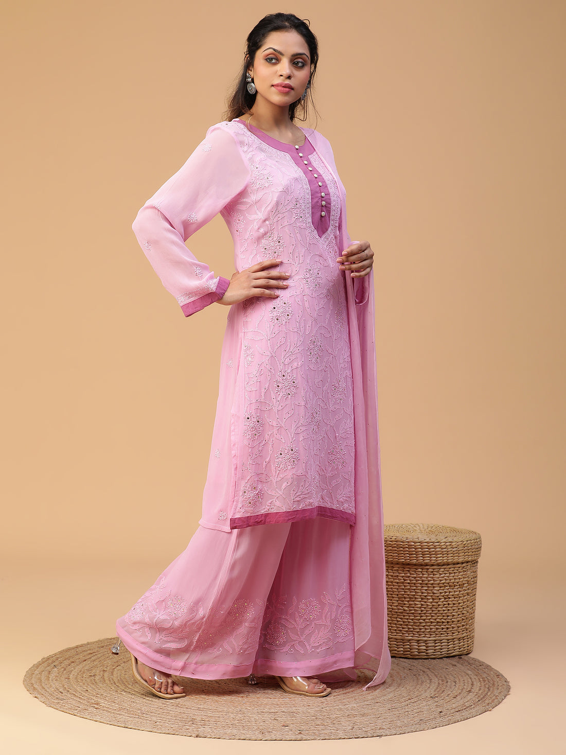 Chikankari pink georgette kurta set with mukaish dupatta