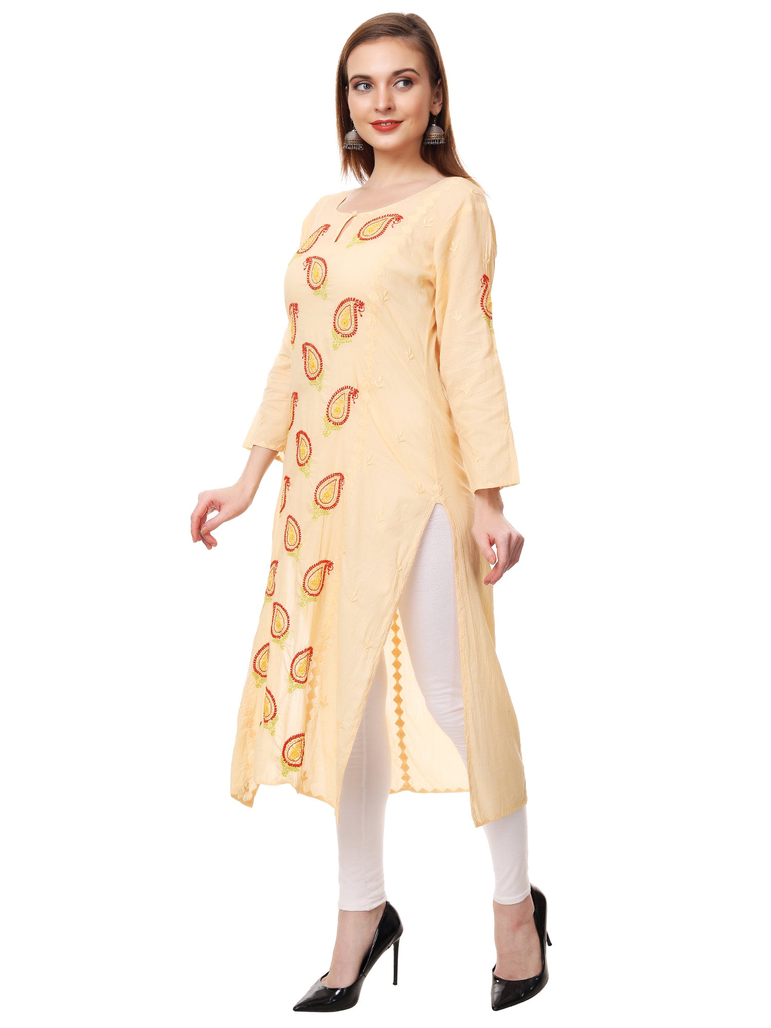 Chikankari cotton straight kurta with appliqué work detailing