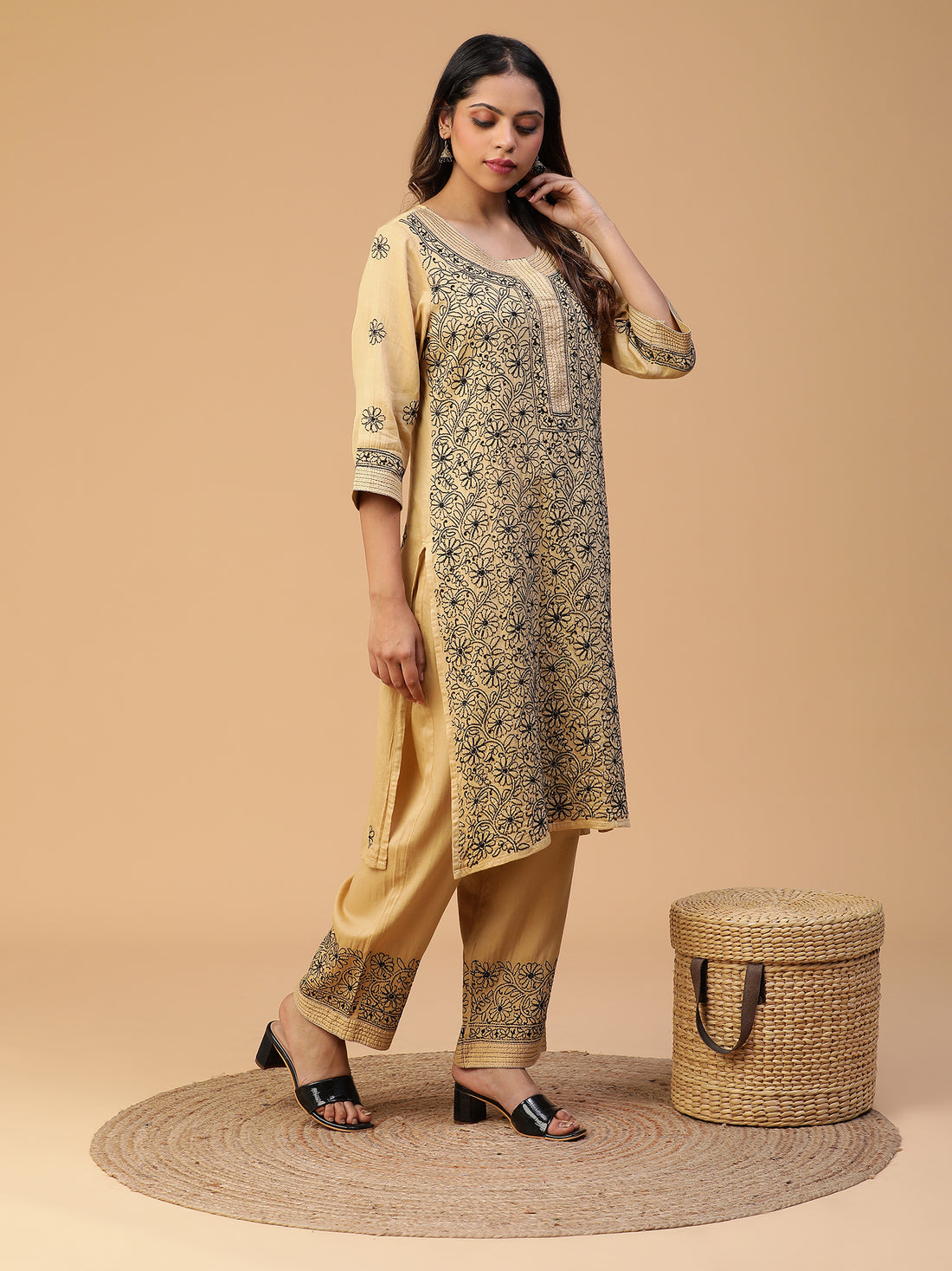 Beige Chikankari Cotton Kurta With Black Thread Detailing Set