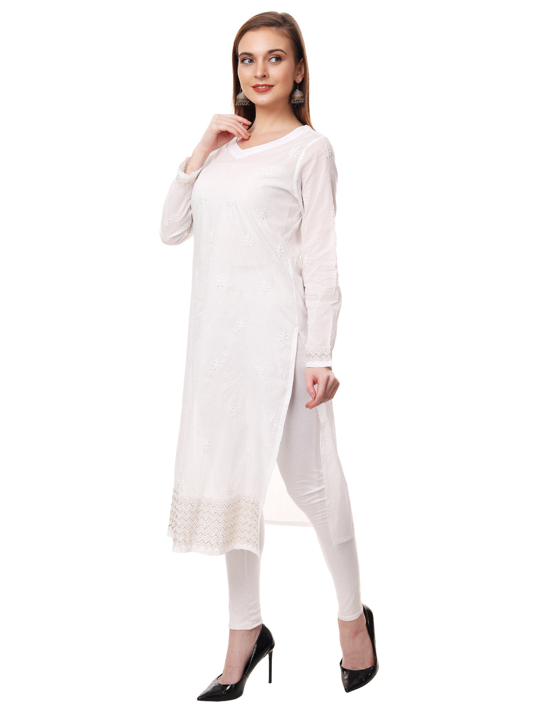 Chikankari cotton straight white color kurta with sequence embroidery on the hem.