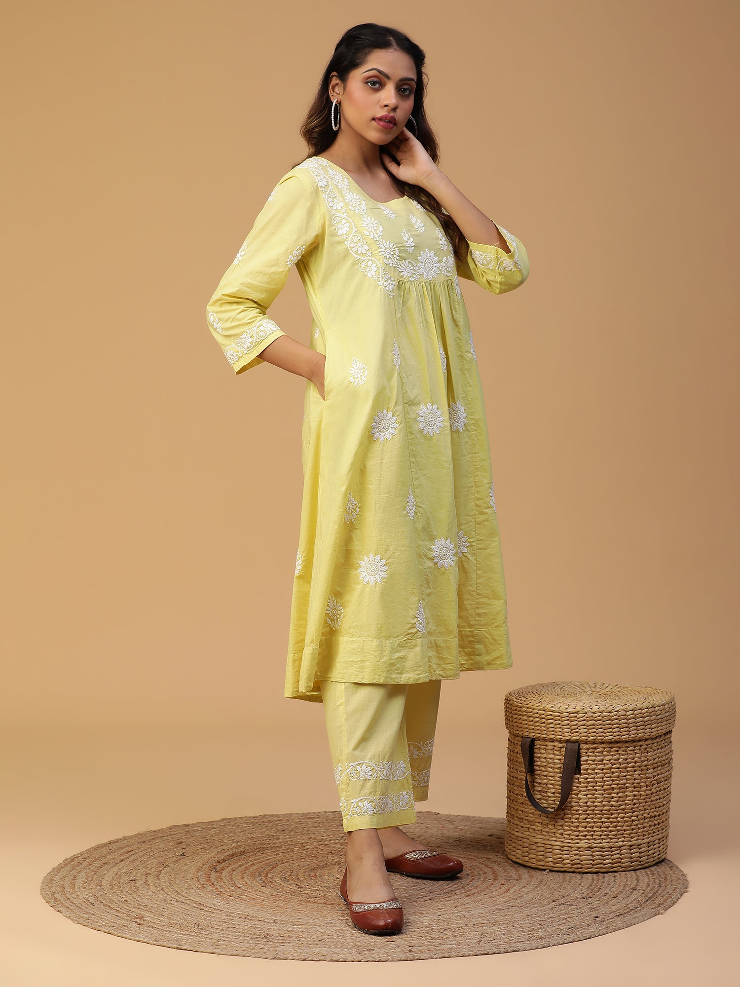 CHIKANKARI ROUND NECK YOKE GATHERED KURTA SET