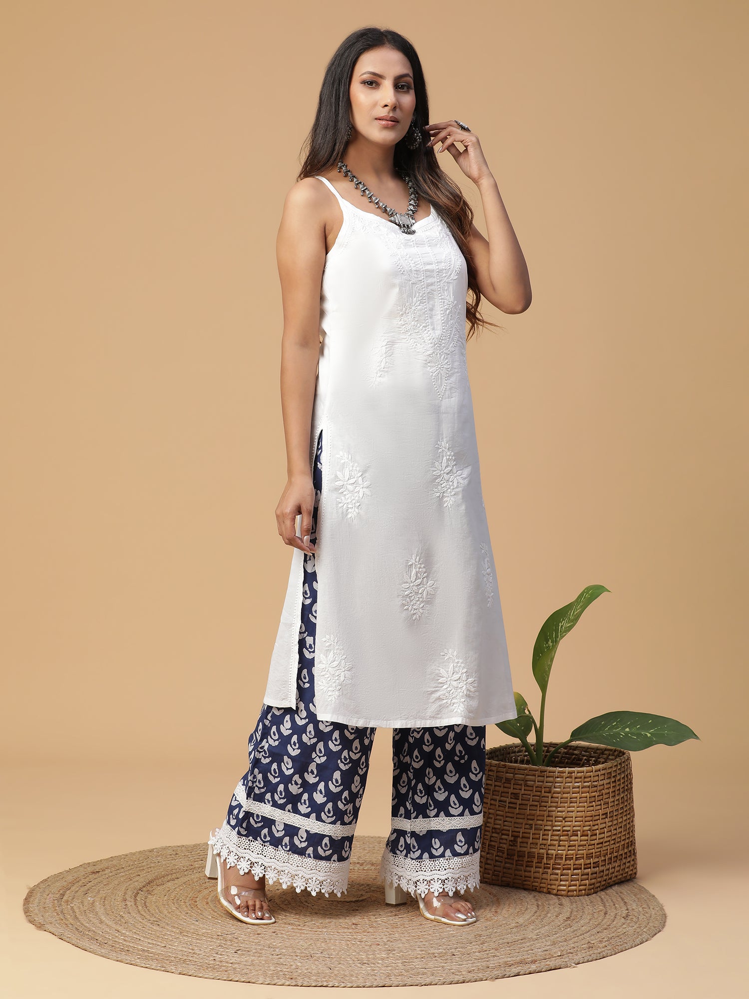 Indigo Cotton Hand Blocked Printed Palazzo with Lace Detailing