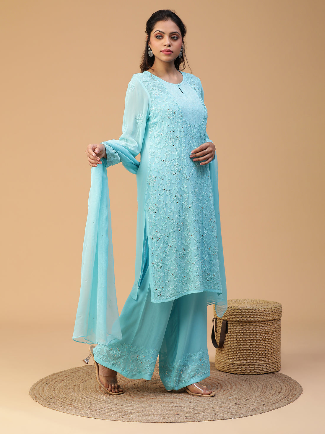 Chikankari viscose georgette yoke kasab detailing mukaish work kurta with dupatta set