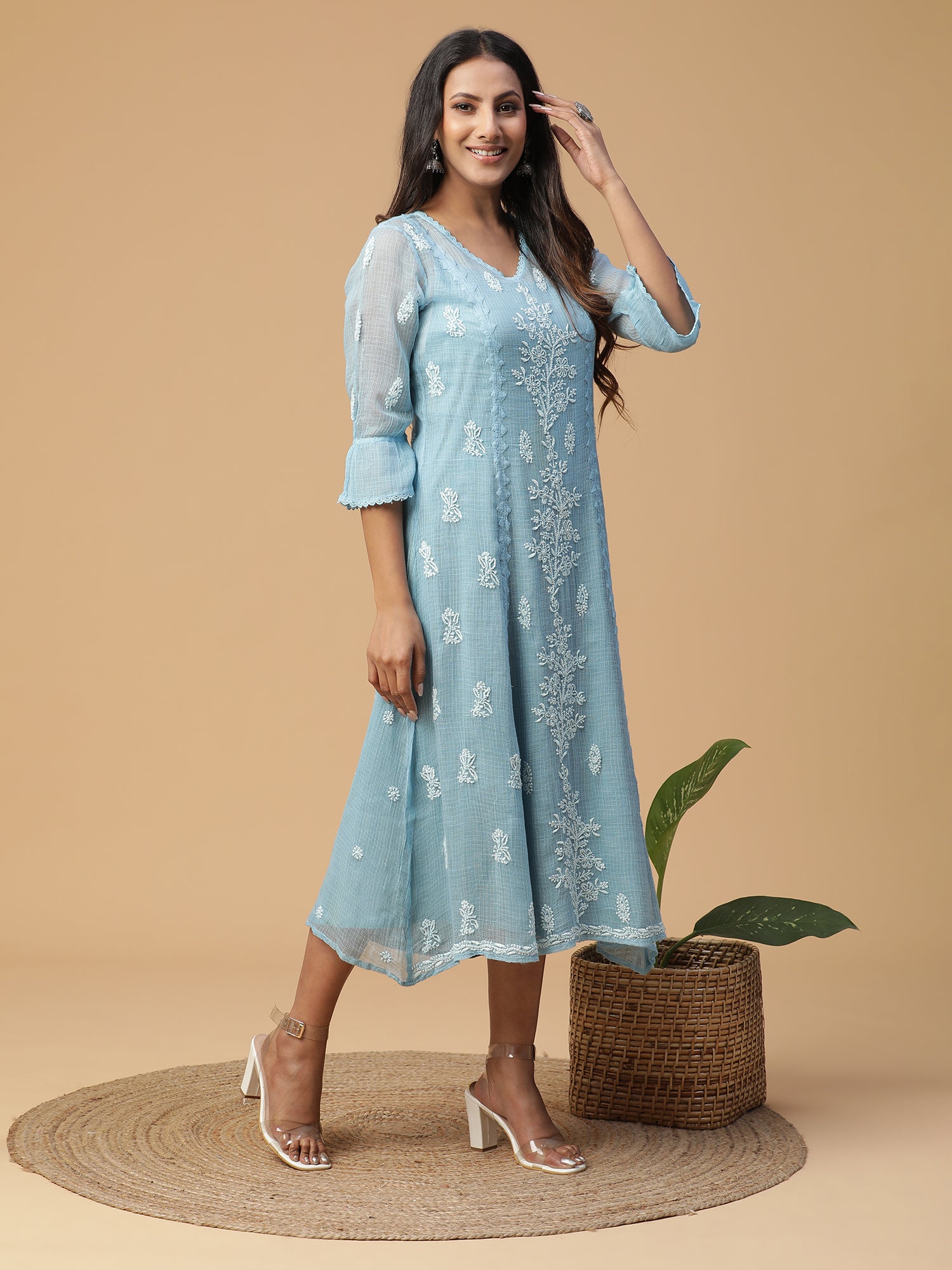 Semal Hand Embroidered Powder Blue Lucknow Chikankari A-line Kota Doria kurta with Applique work