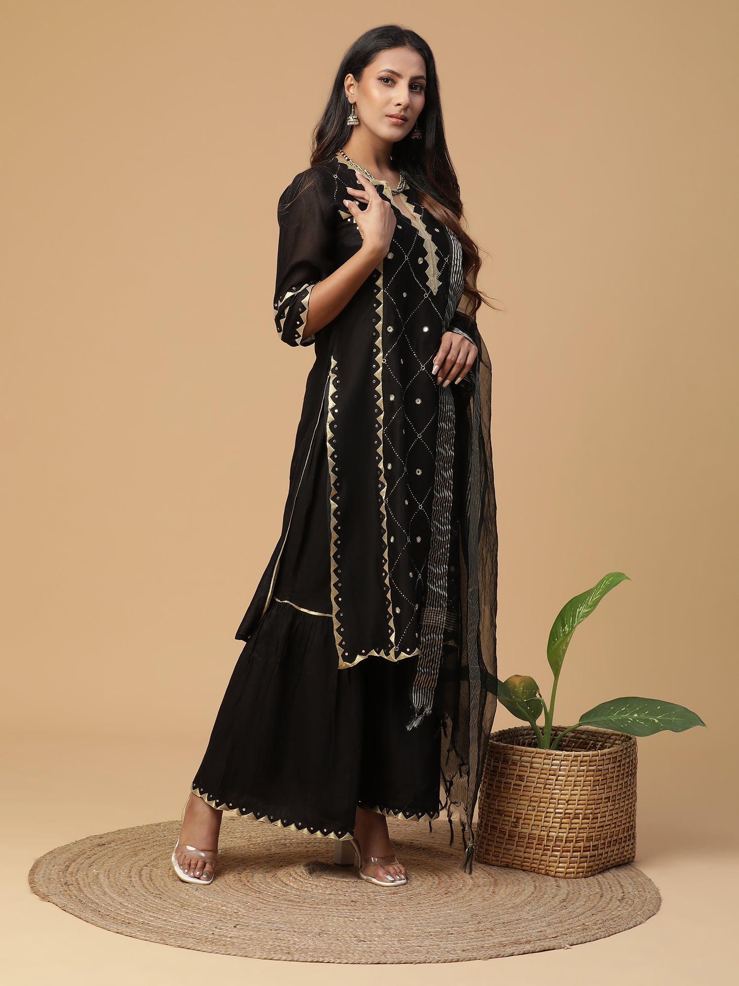 Chanderi black sharara set with mirror work