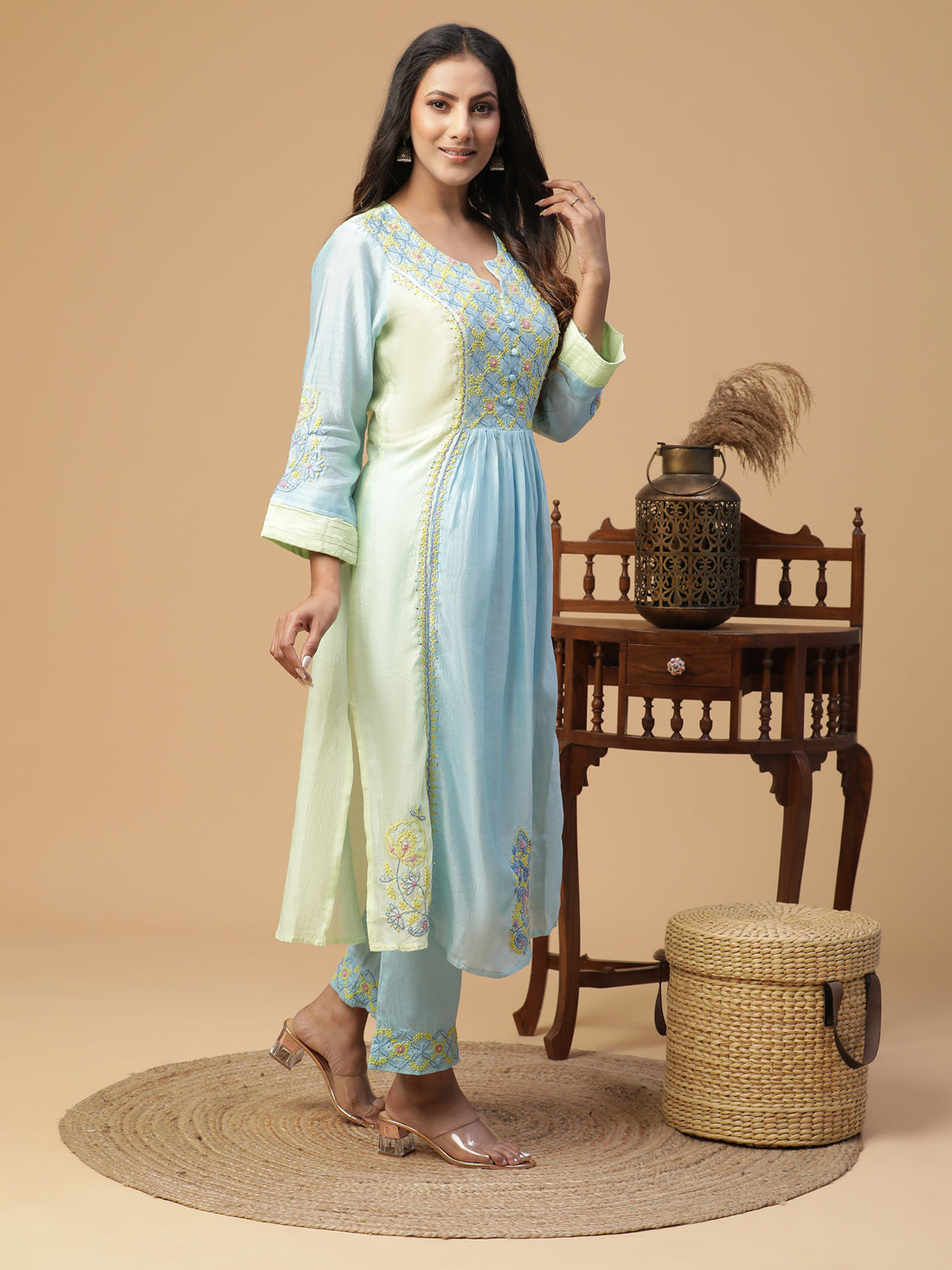 Semal Hand Embroidered Chanderi Pastle Blue Lucknowi Chikankari Kurta Set