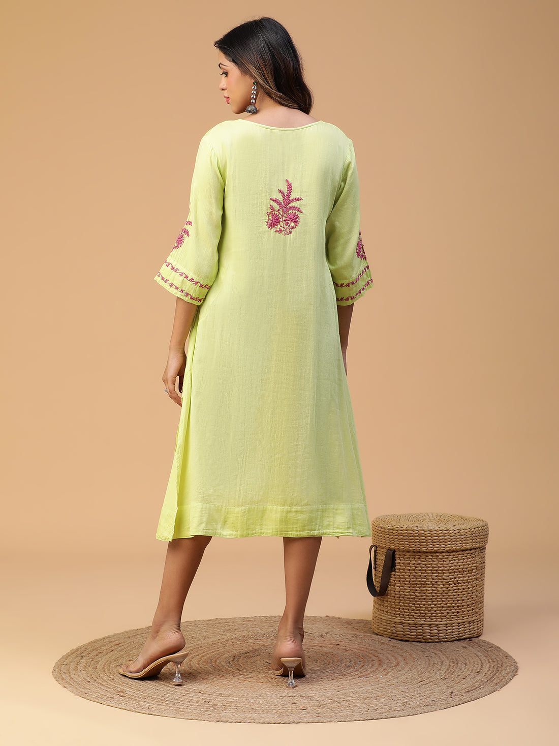 CHIKANKARI YOKE GATHER COTTON KURTA WITH LACE DETAILING