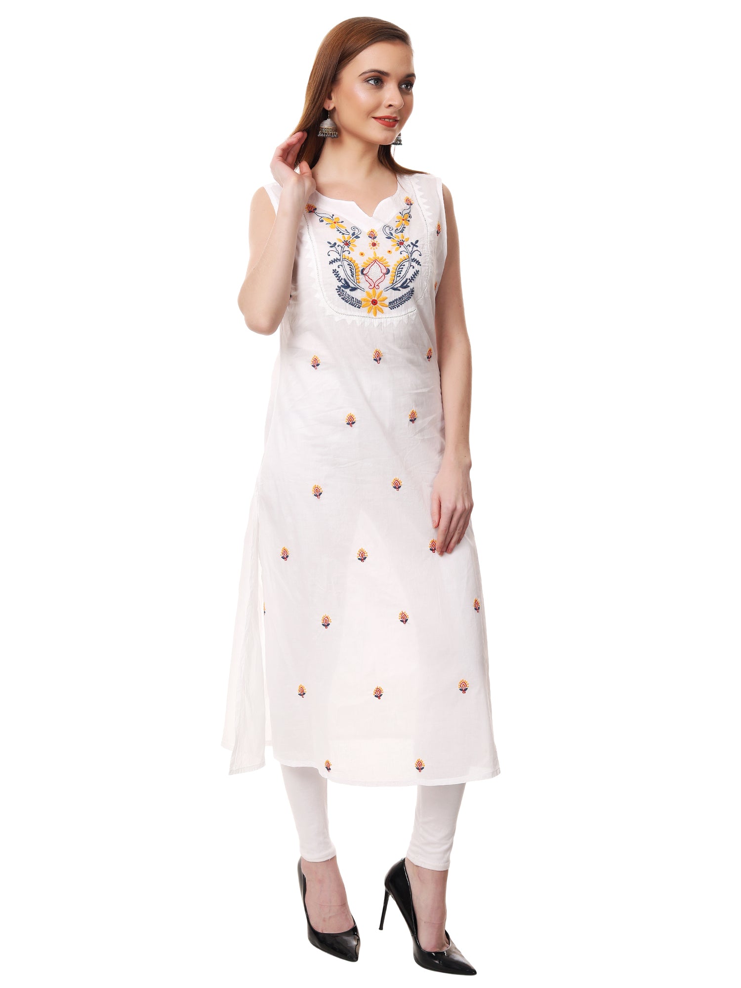 Chikankari cotton white A-line yoke kurta