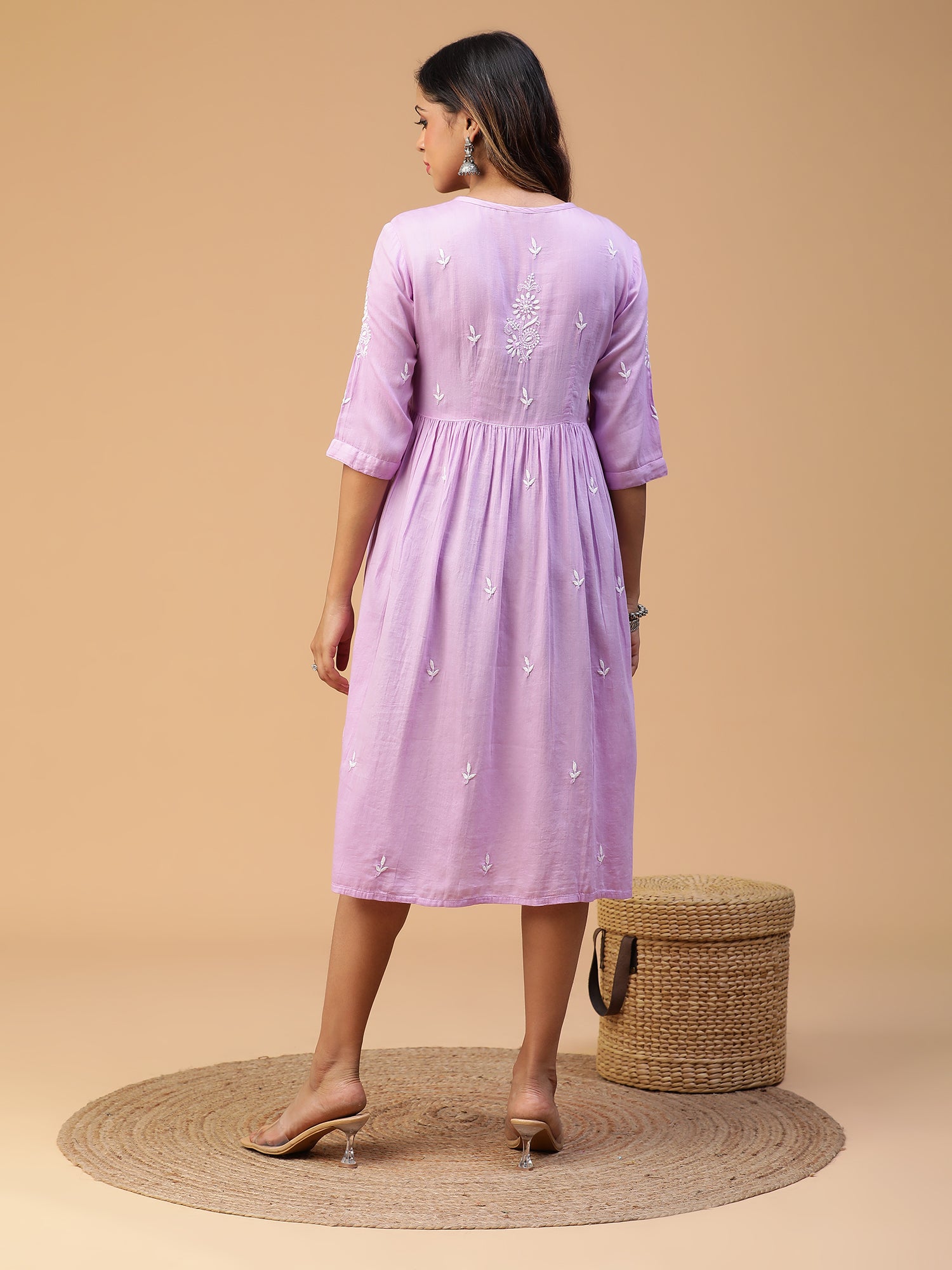 Chikankari V-Neck Front Gather Calf Length Dress