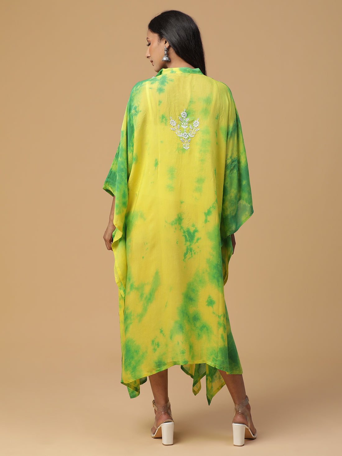 Muslin yellow & green shibori kaftan with Chikankari work