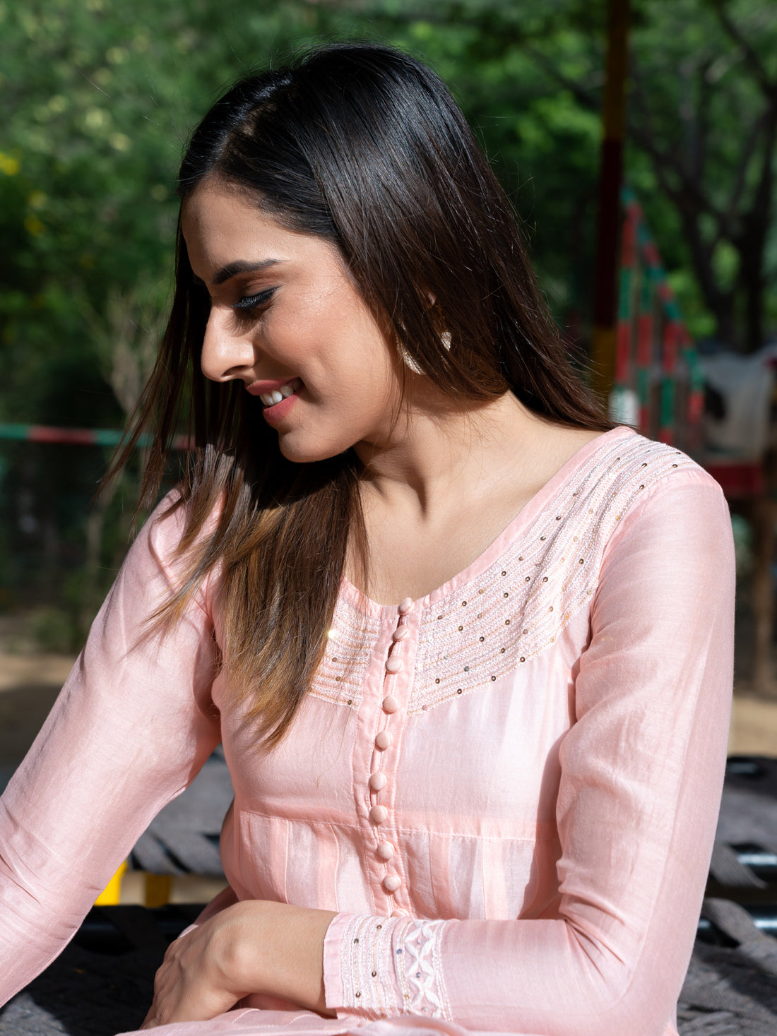 Chikankari Chanderi front slit open kali kurta