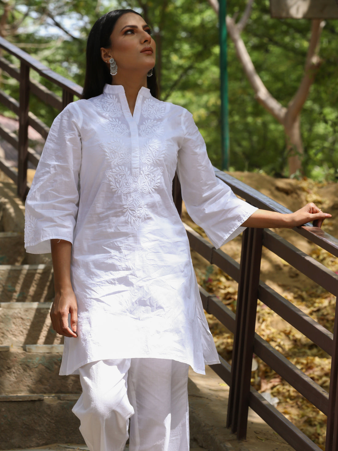 Semal handicrafts Chikankari white cotton knee length kurta