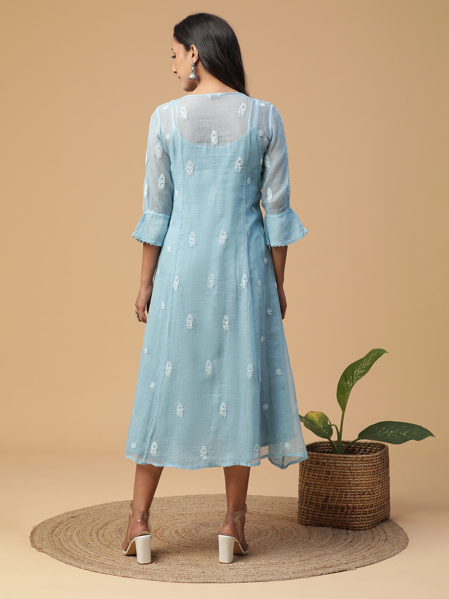 Semal Hand Embroidered Powder Blue Lucknow Chikankari A-line Kota Doria kurta with Applique work