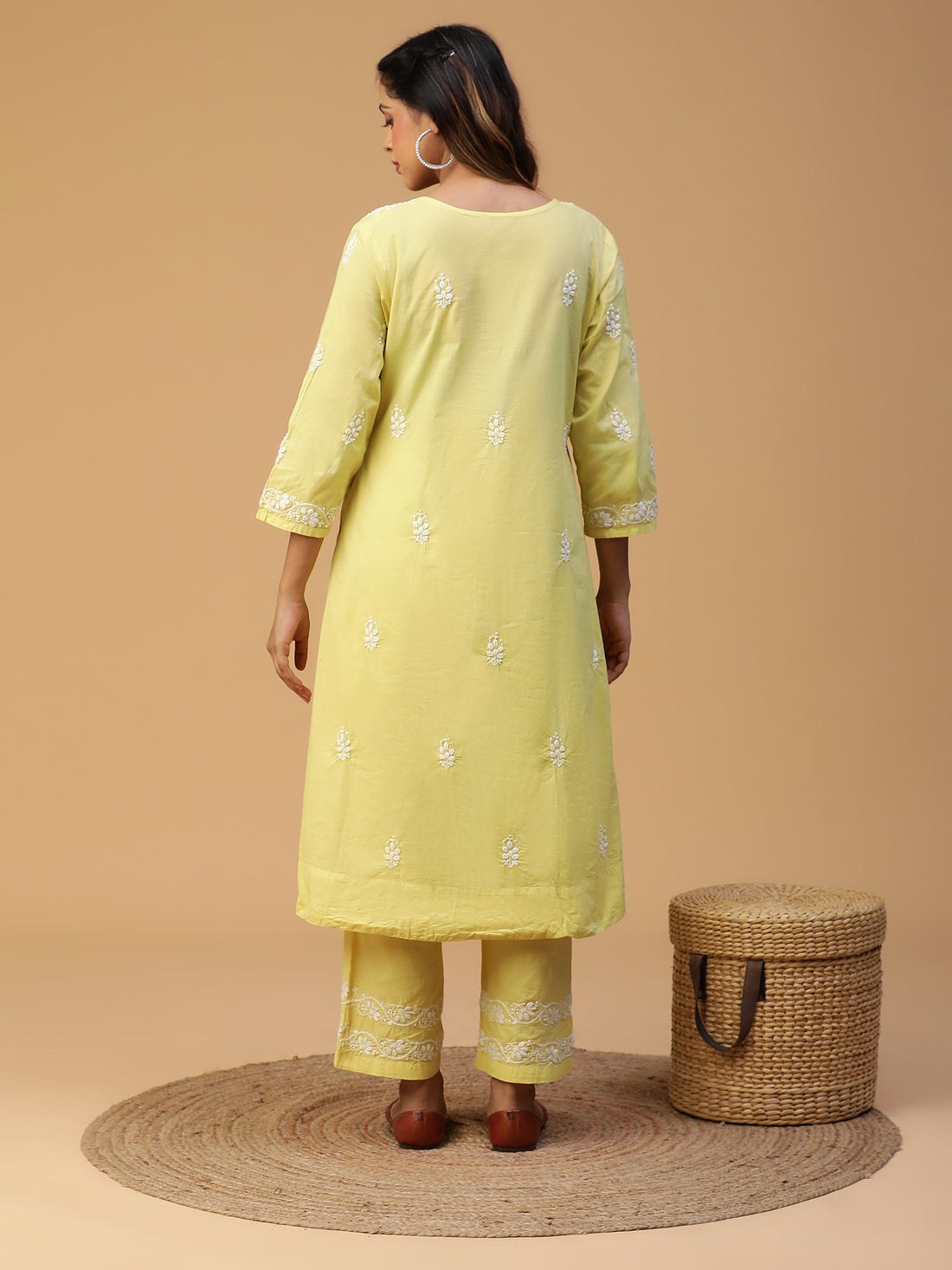 CHIKANKARI ROUND NECK YOKE GATHERED KURTA SET