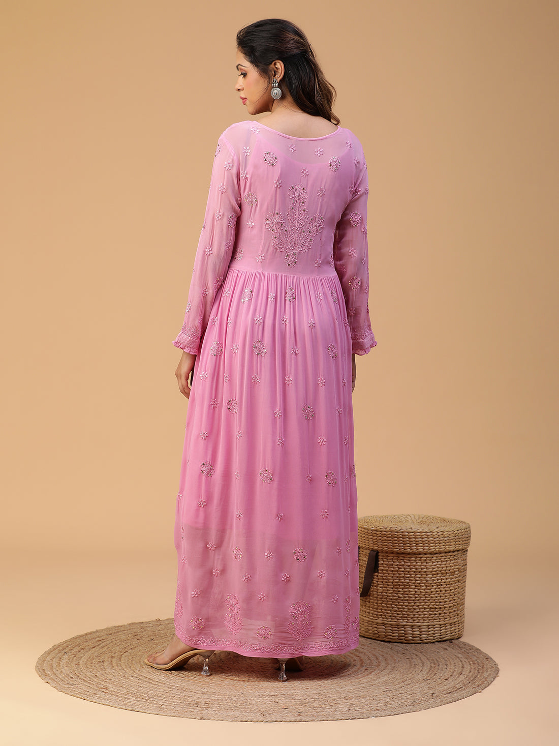 Chikankari viscose georgette yoke dress with mukaish work