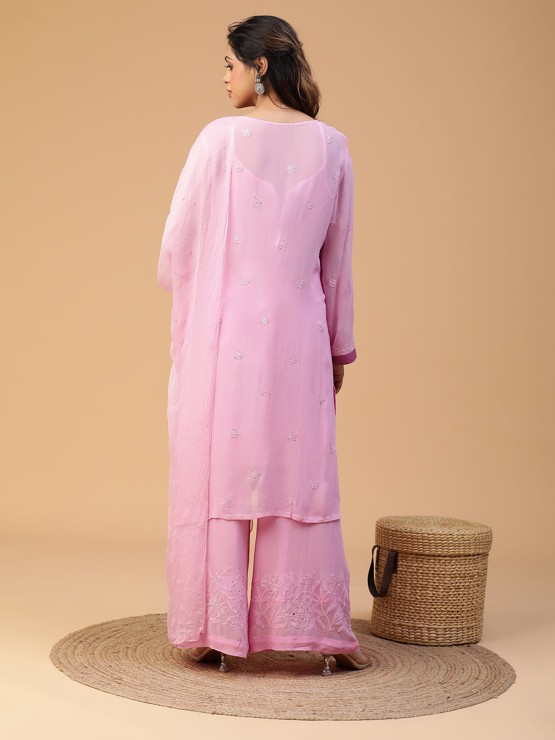 Chikankari pink georgette kurta set with mukaish dupatta