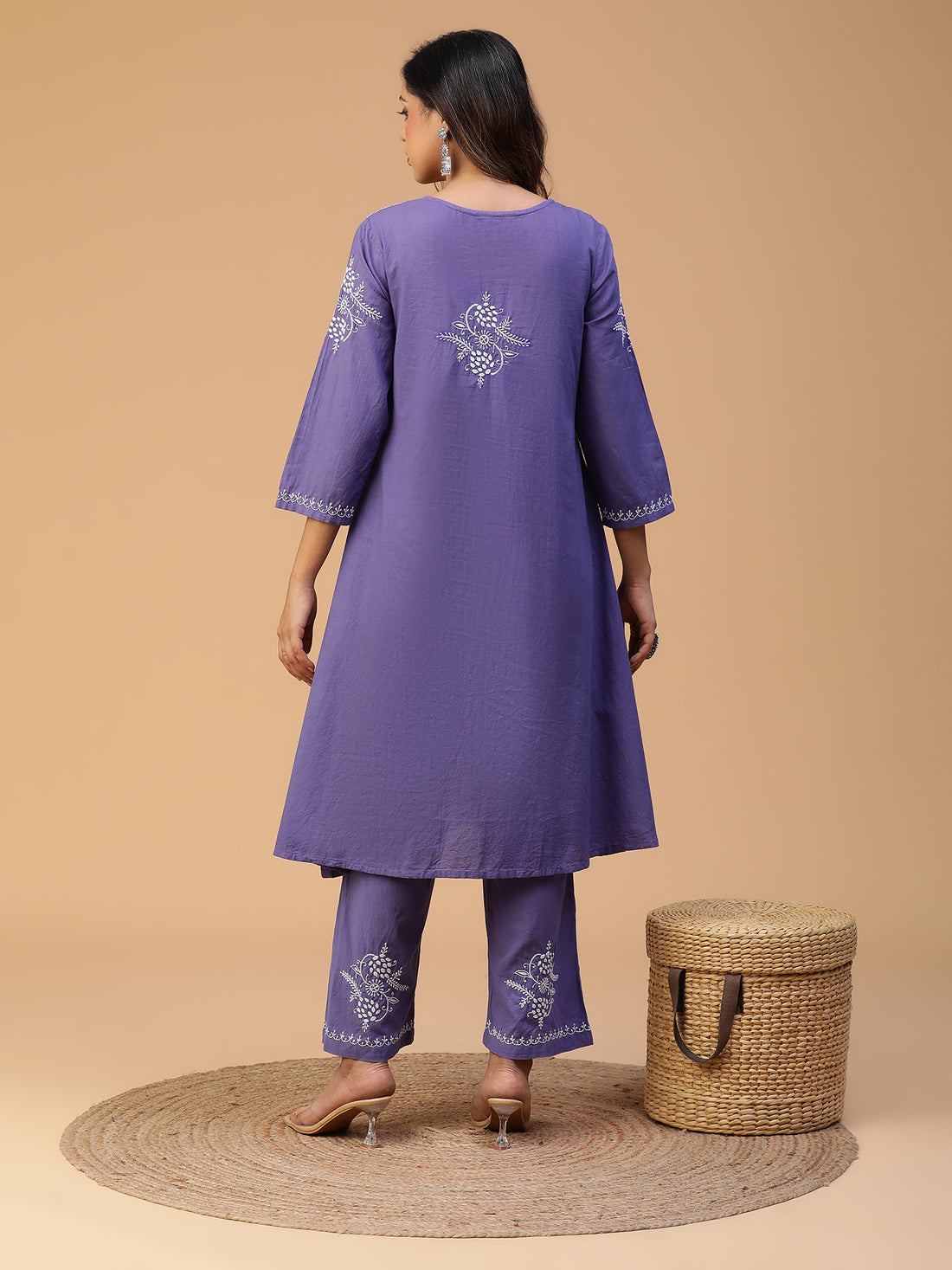 CHIKANKARI COTTON A-LINE PLEATED YOKE KURTA SET