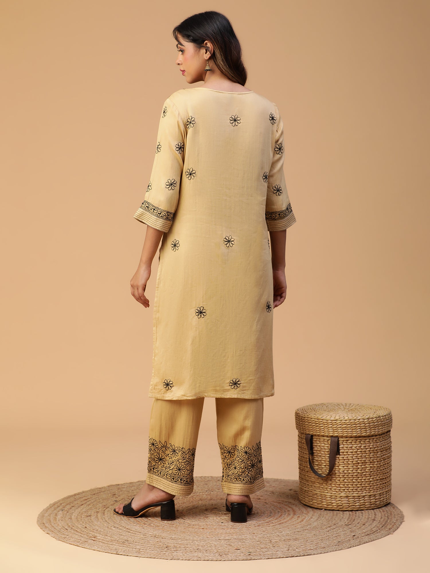 Beige Chikankari Cotton Kurta With Black Thread Detailing Set