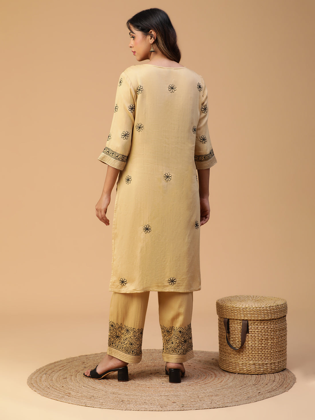 Beige Chikankari Cotton Kurta With Black Thread Detailing Set