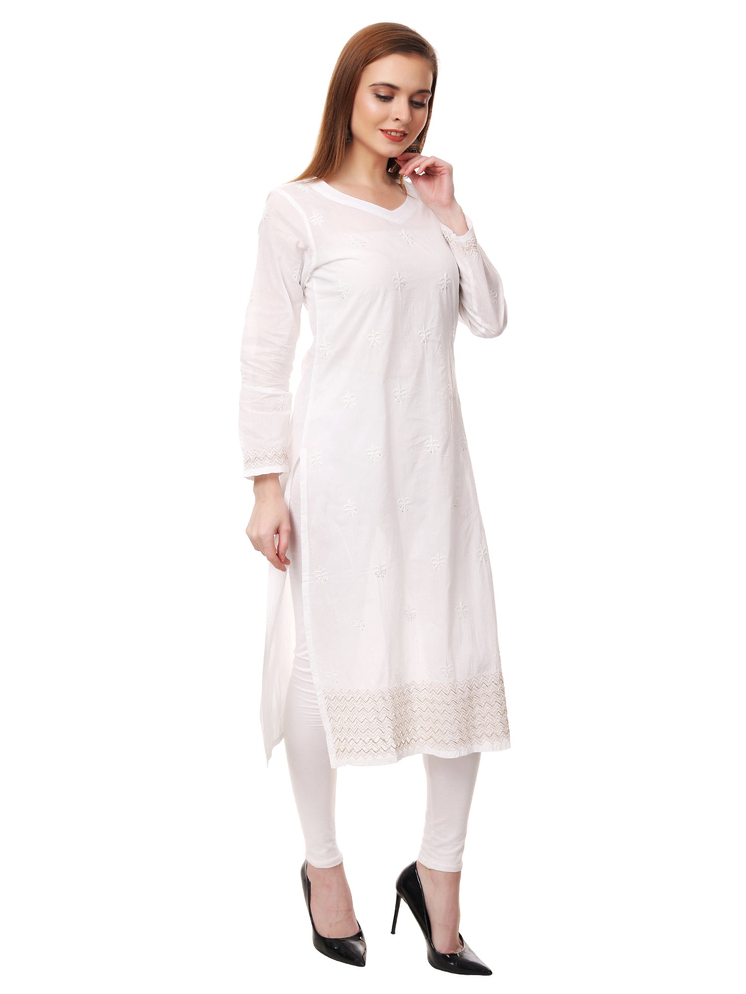 Chikankari cotton straight white color kurta with sequence embroidery on the hem.