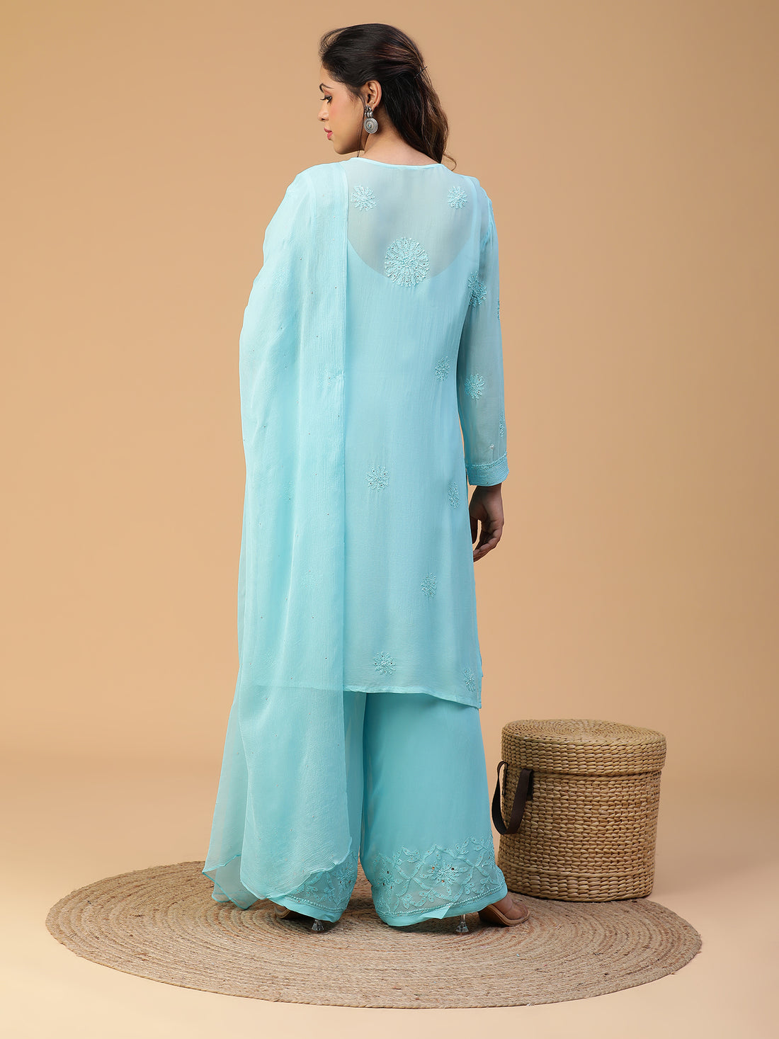 Chikankari viscose georgette yoke kasab detailing mukaish work kurta with dupatta set