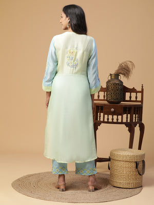 Semal Hand Embroidered Chanderi Pastle Blue Lucknowi Chikankari Kurta Set