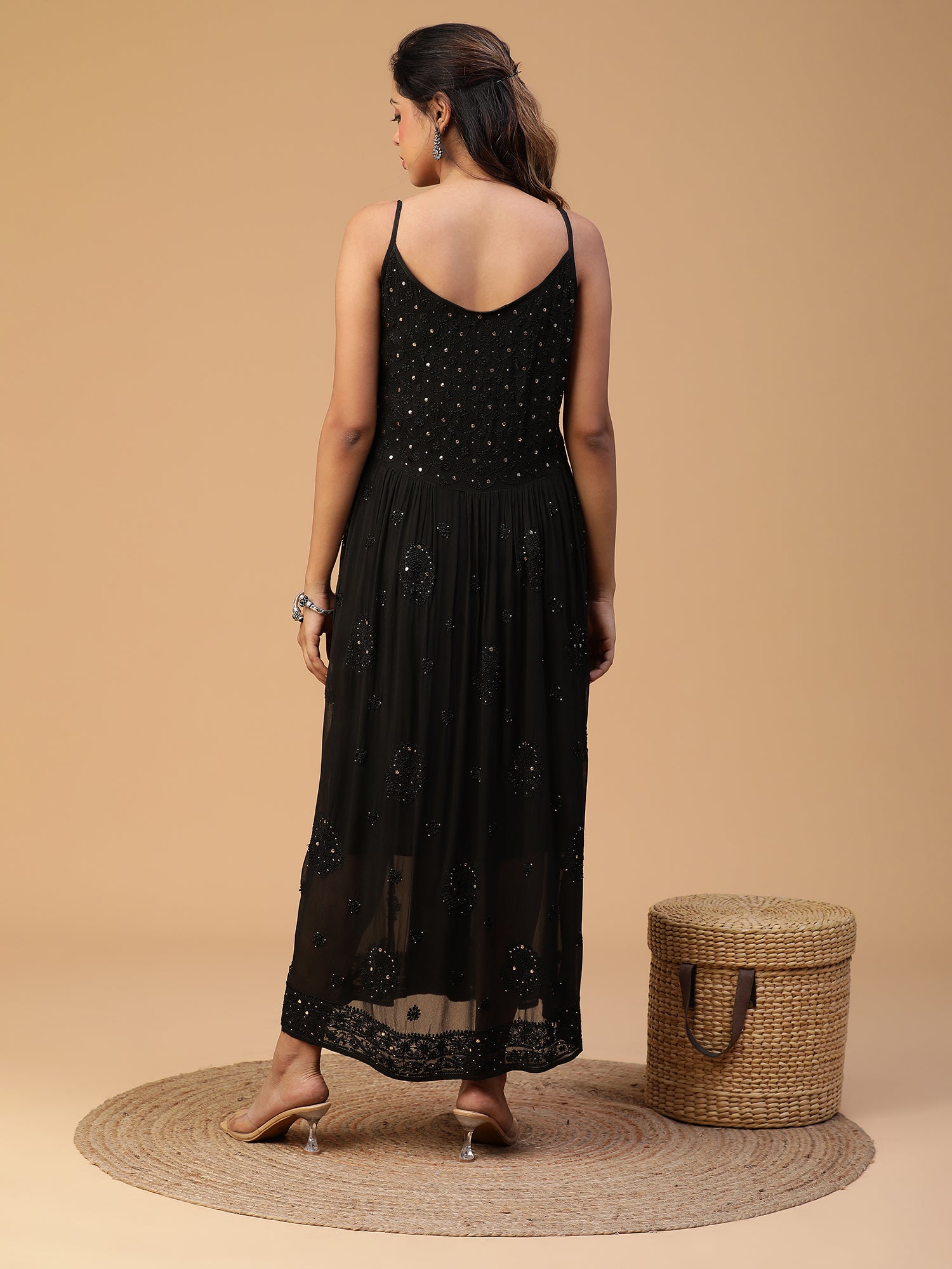 Chikankari viscose georgette black dress with mukaish work