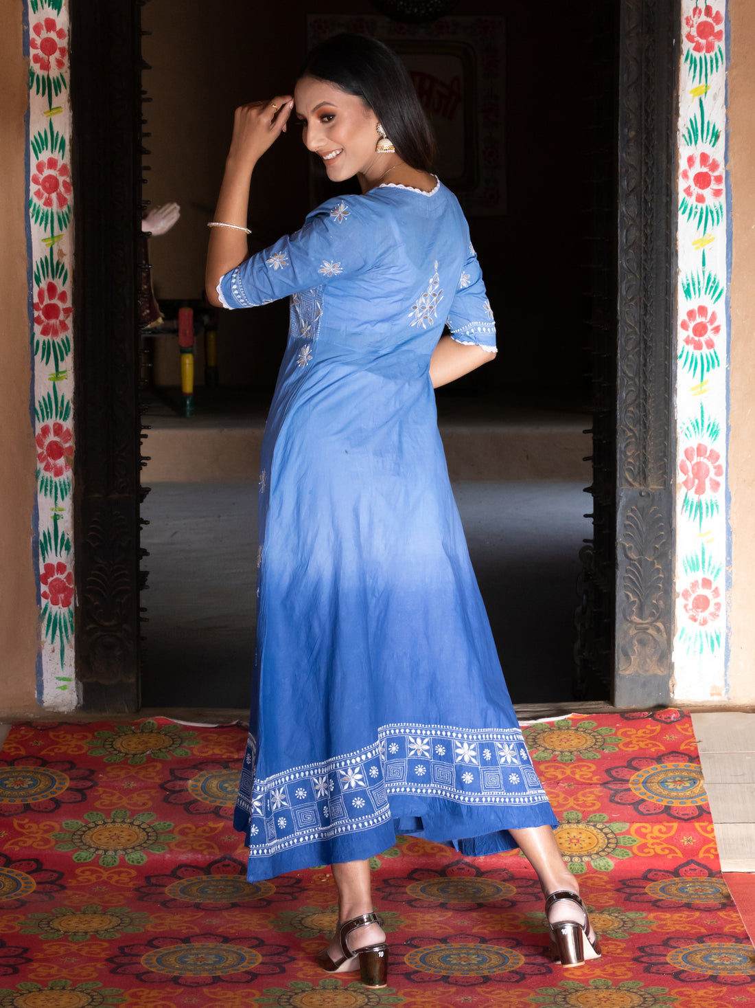 Chikankari Cotton Ombre Blue Color A-Line Kurta With Gota Patti Work