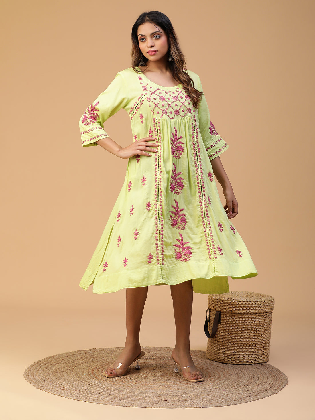 CHIKANKARI YOKE GATHER COTTON KURTA WITH LACE DETAILING